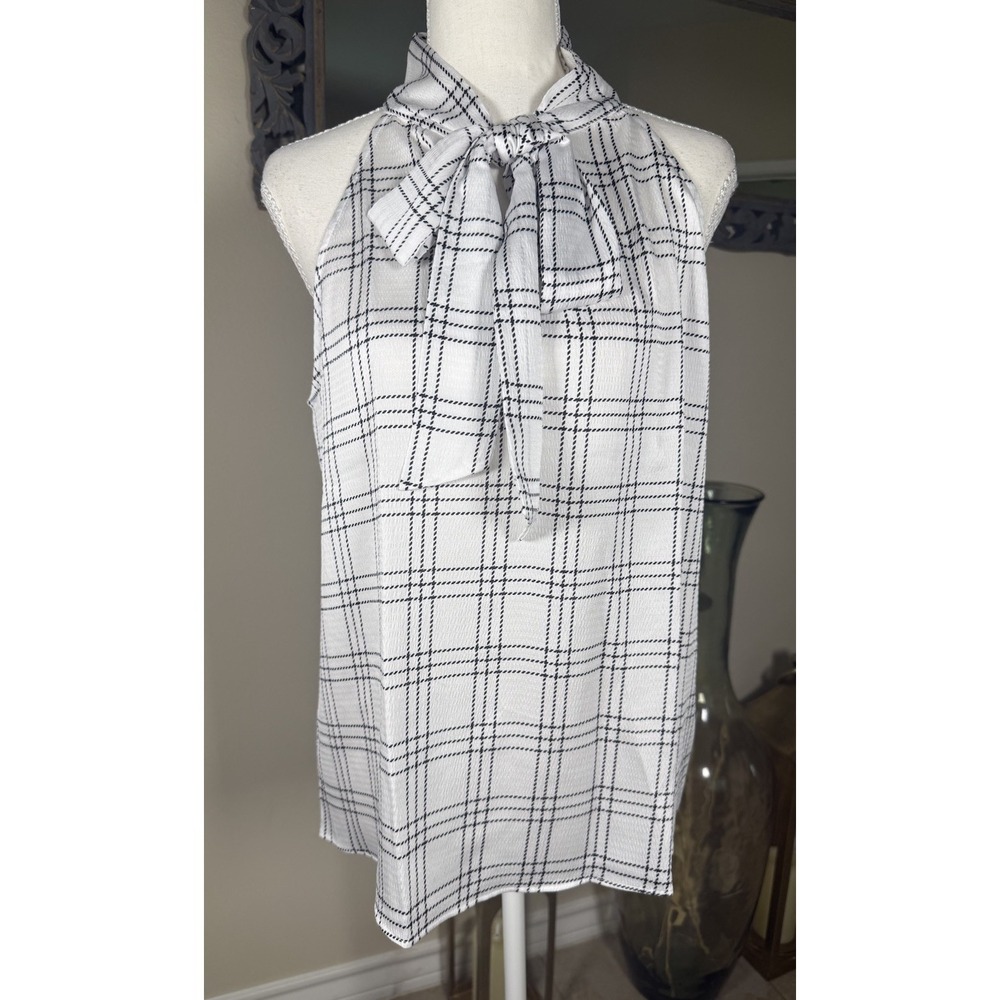 Calvin‎ Klein Sleeveless Tie Neck Blouse White Black Plaid Medium